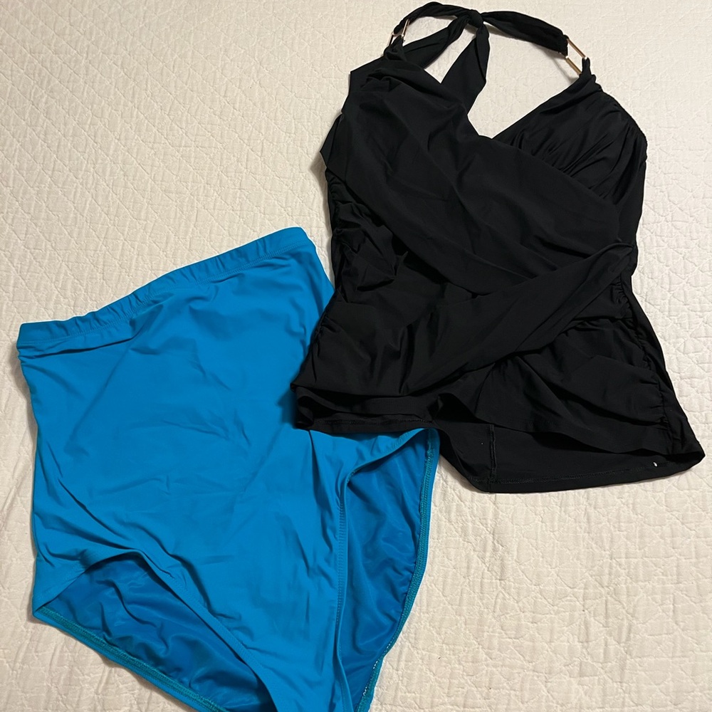 SPANX black Whittle Waist tankini top & turquoise swim suit bottom 12